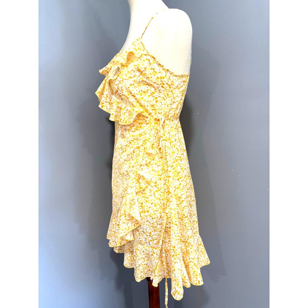 Yellow Floral Ruffle Faux Wrap Mini Dress Spring Summer Brunch Flowy, Size Small - Picture 4 of 9